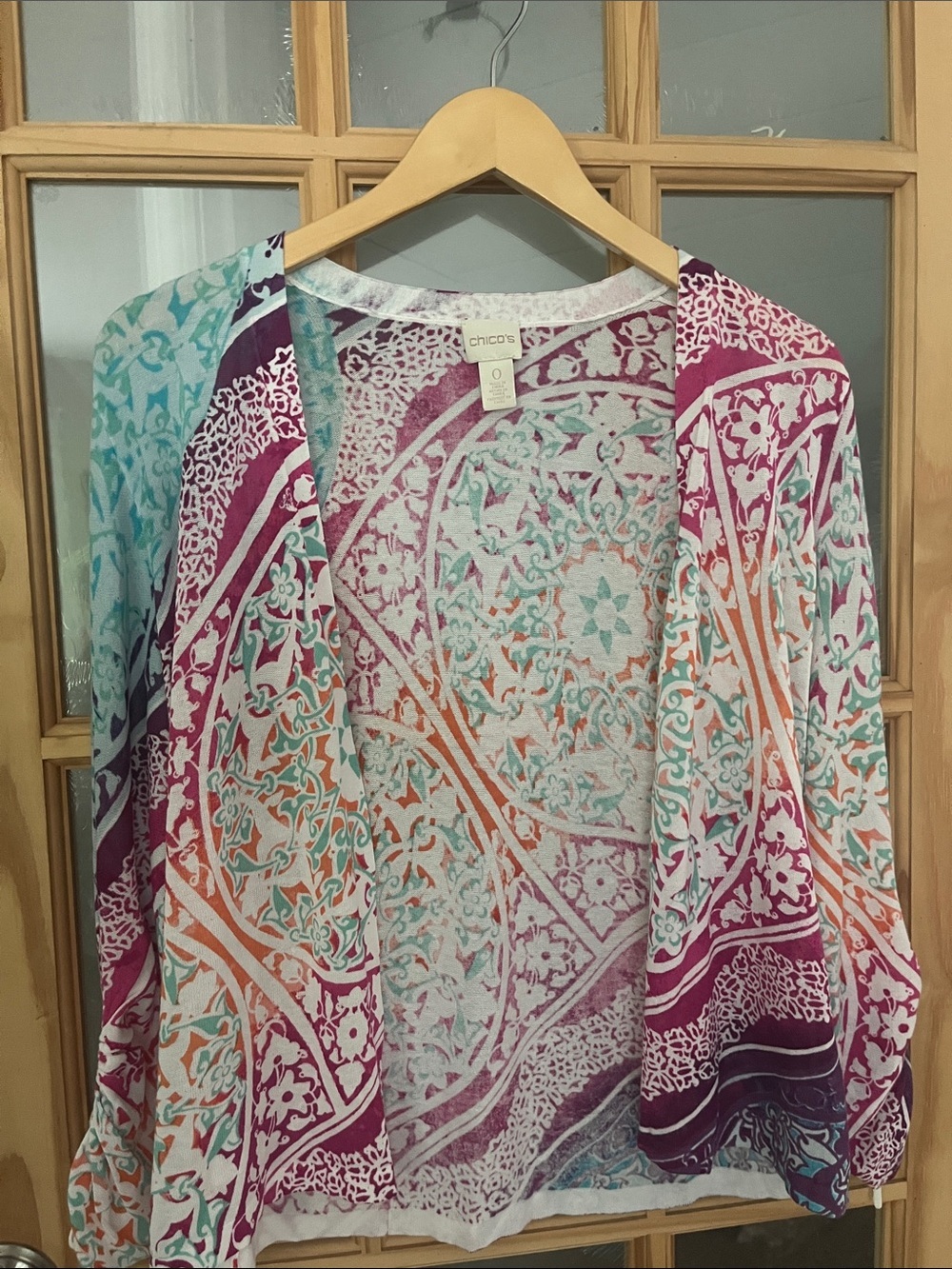 Chico’s Vivid Whimsical Print Open Cardigan colorful Sz 0= small EUC